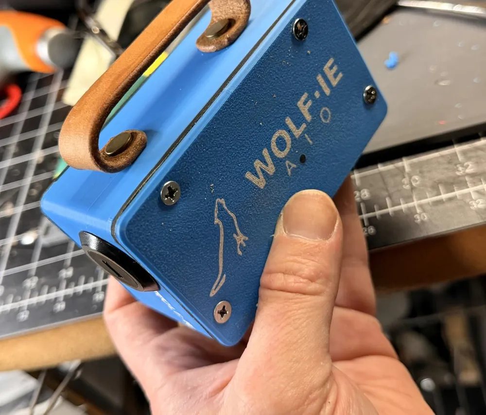 The AIO box lid with the Wolf-ie inlay logo and a leather strap