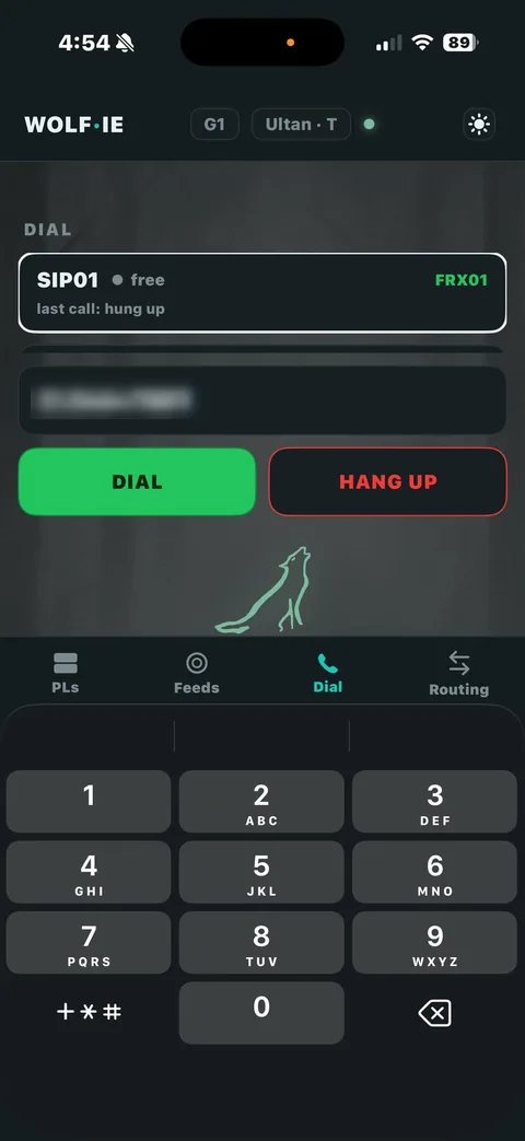 Dial screen with a phone line free, a number entry field, dial and hang up buttons