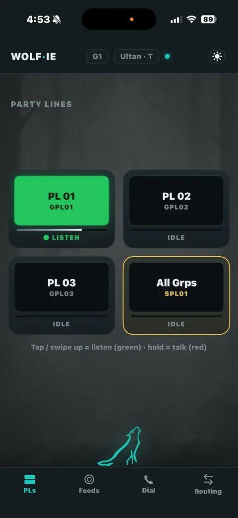 Party lines screen with four keys; PL 01 latched to listen in green, a shared line with a yellow bezel